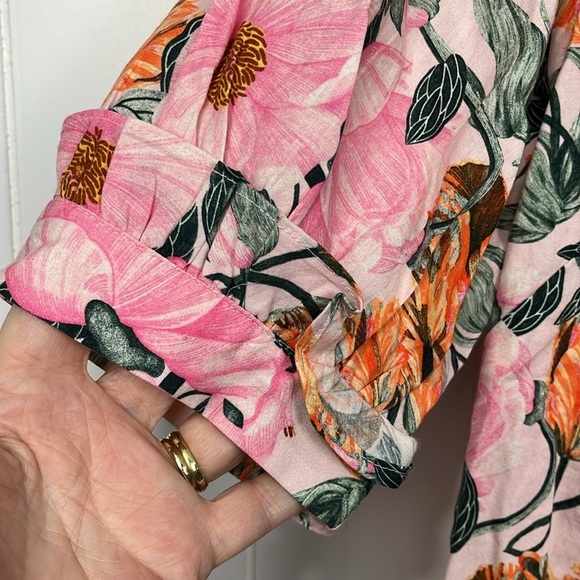 Cecelia Peterson Top XS Pink Green Floral Button Up Off Shoulder Puff Sleeves - Picture 4 of 11